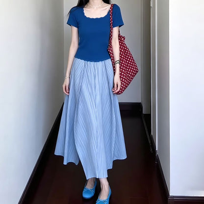 Square Neck Ribbed Knit Top Short Sleeves