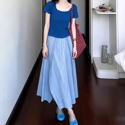 Square Neck Ribbed Knit Top Short Sleeves