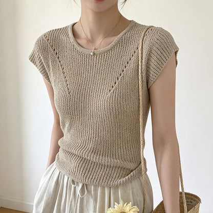 Round Neck Ribbed Knit Top Cap Sleeve