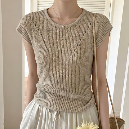 Round Neck Ribbed Knit Top Cap Sleeve