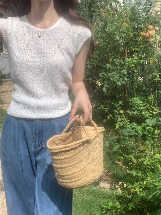 Round Neck Ribbed Knit Top Cap Sleeve