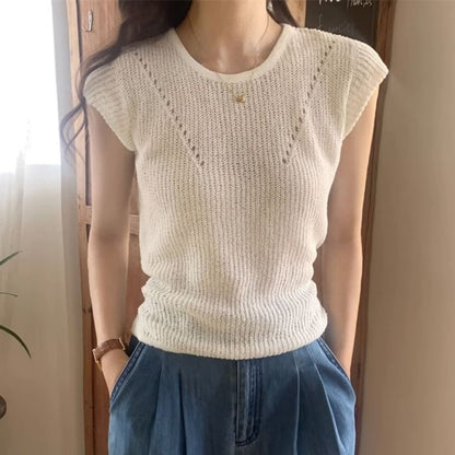 Round Neck Ribbed Knit Top Cap Sleeve