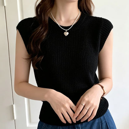 Round Neck Ribbed Knit Top Cap Sleeve