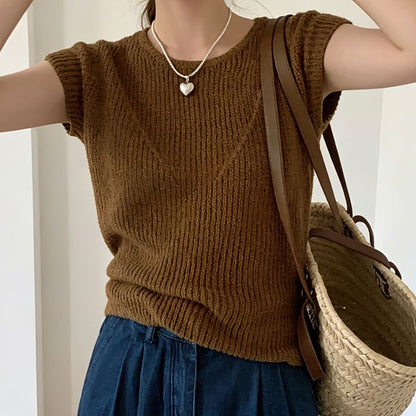 Round Neck Ribbed Knit Top Cap Sleeve
