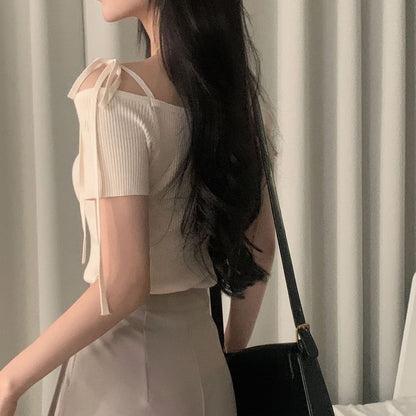 Cold Shoulder Ribbed Knit Top Short Sleeve