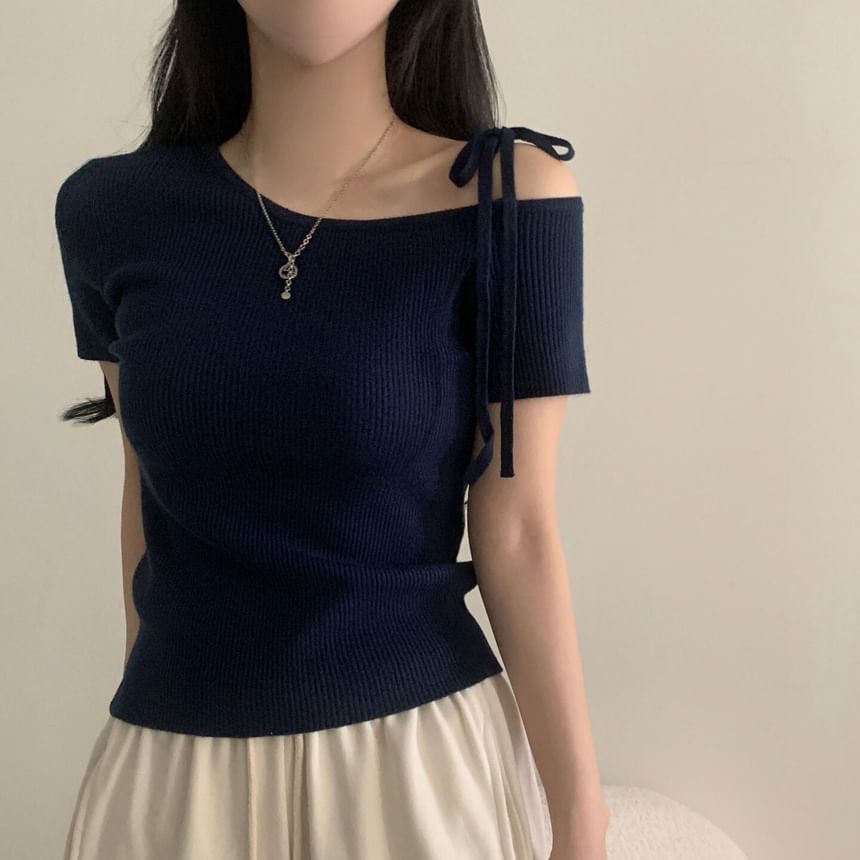 Cold Shoulder Ribbed Knit Top Short Sleeve