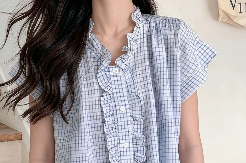 Ruffle Trim Plaid Button Up Shirt Cap Sleeve