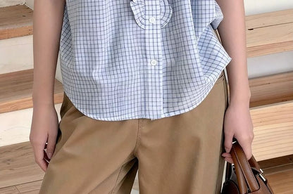 Ruffle Trim Plaid Button Up Shirt Cap Sleeve