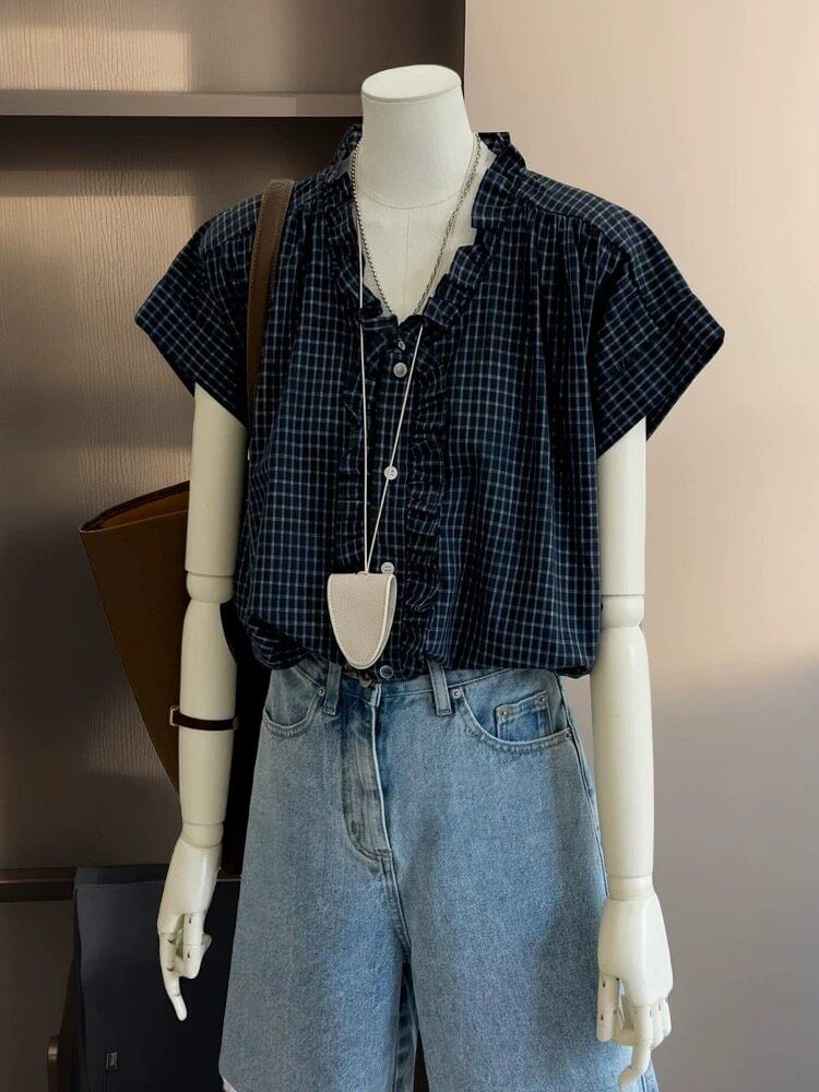 Ruffle Trim Plaid Button Up Shirt Cap Sleeve