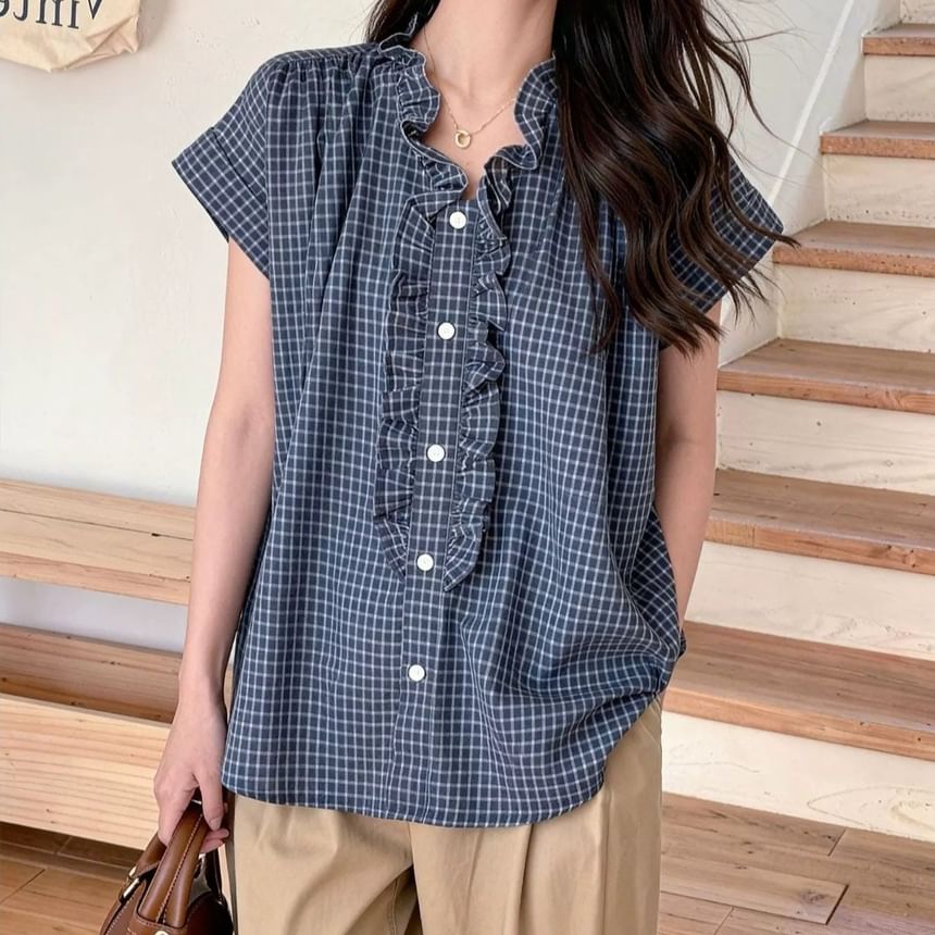 Ruffle Trim Plaid Button Up Shirt Cap Sleeve