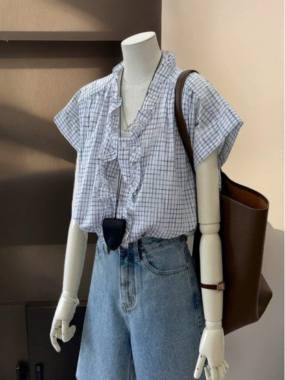 Ruffle Trim Plaid Button Up Shirt Cap Sleeve