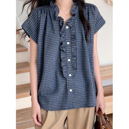 Ruffle Trim Plaid Button Up Shirt Cap Sleeve