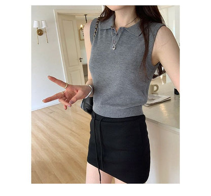 Polo Neck Crop Knit Top Sleeveless Style