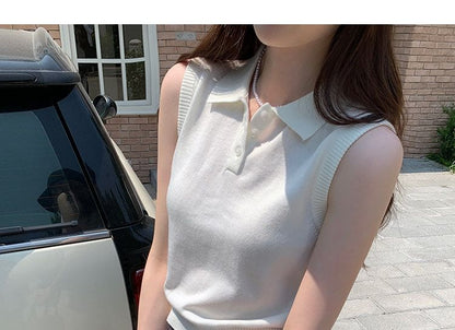 Polo Neck Crop Knit Top Sleeveless Style