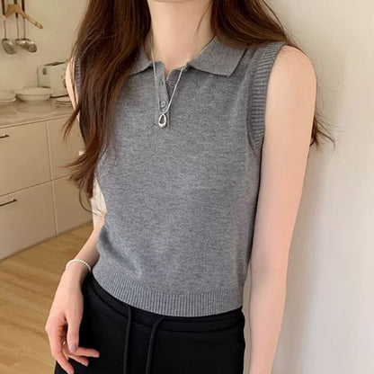 Polo Neck Crop Knit Top Sleeveless Style