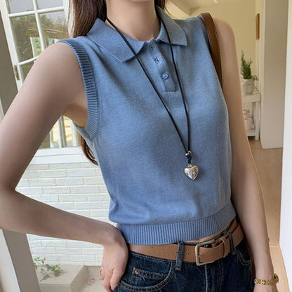 Polo Neck Crop Knit Top Sleeveless Style
