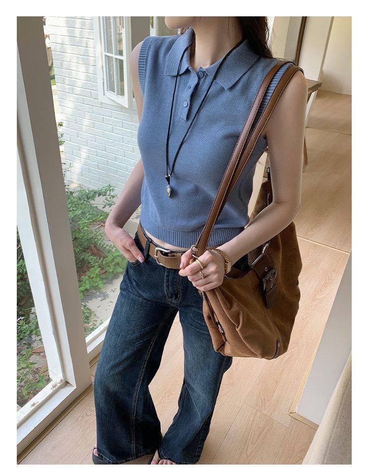 Polo Neck Crop Knit Top Sleeveless Style