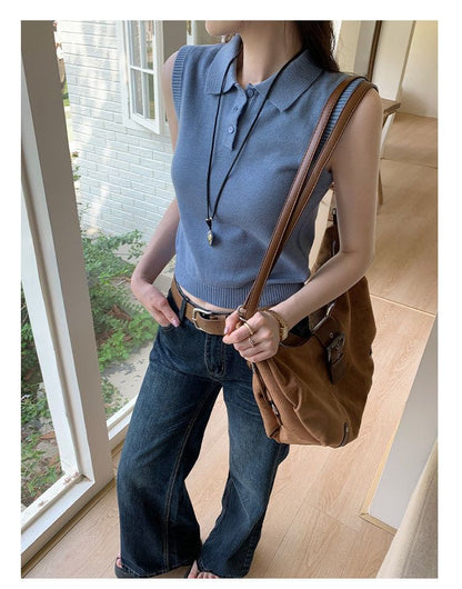 Polo Neck Crop Knit Top Sleeveless Style