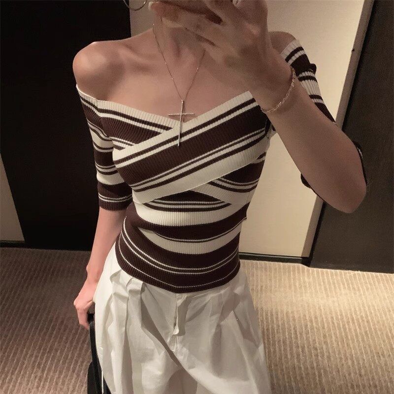 Off Shoulder Striped Knit Short Sleeve Top