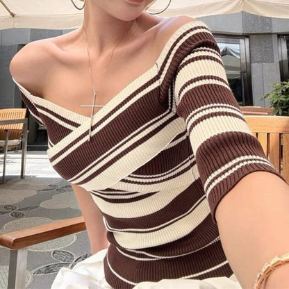 Off Shoulder Striped Knit Short Sleeve Top