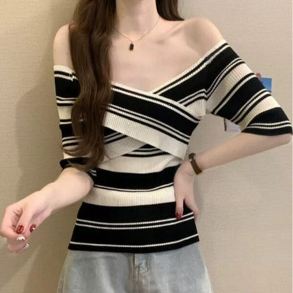 Off Shoulder Striped Knit Short Sleeve Top