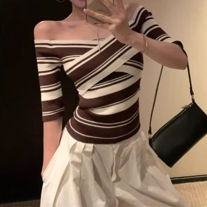 Off Shoulder Striped Knit Short Sleeve Top