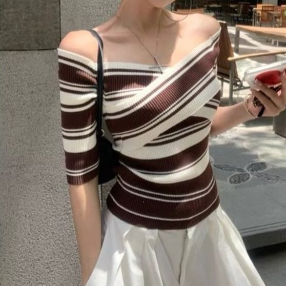 Off Shoulder Striped Knit Short Sleeve Top