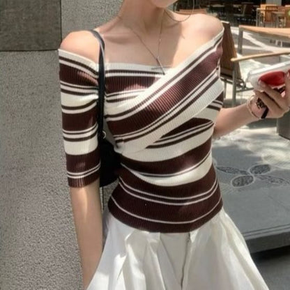 Off Shoulder Striped Knit Short Sleeve Top