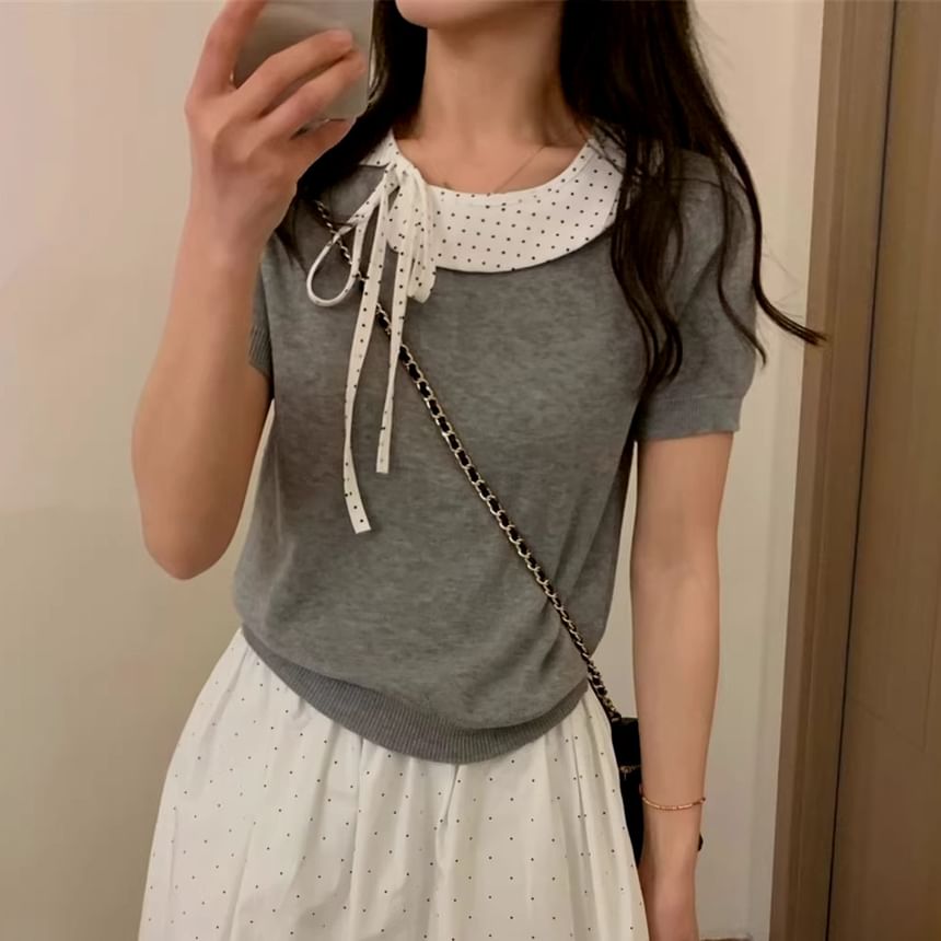 Mock Two-Piece Dotted Panel Knit Short Sleeve Top