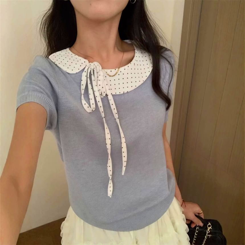 Mock Two-Piece Dotted Panel Knit Short Sleeve Top