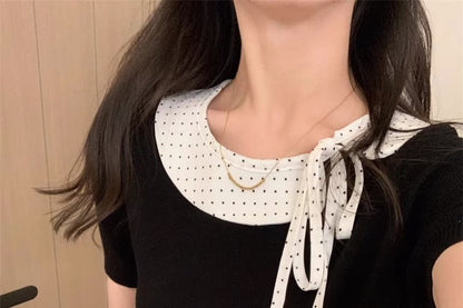 Mock Two-Piece Dotted Panel Knit Short Sleeve Top