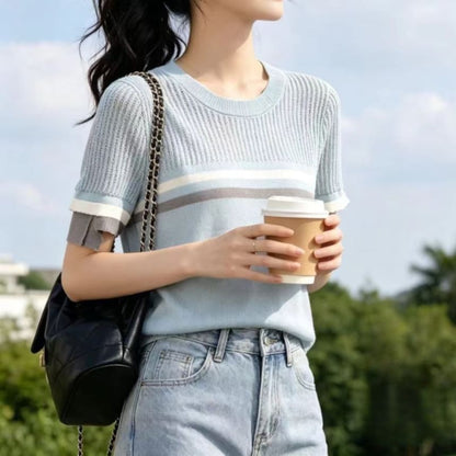 Crewneck Ribbed Knit Short Sleeve Top