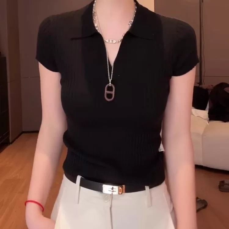 Short Sleeve Knit Polo Top