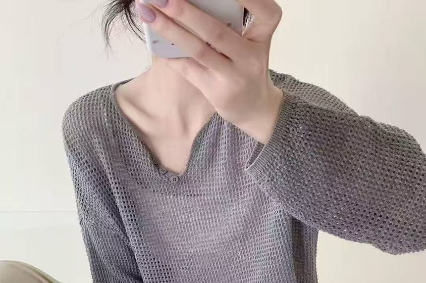 Perforated Knit V-Neck Top