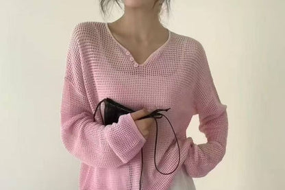 Perforated Knit V-Neck Top