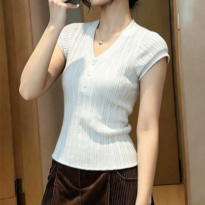 V-Neck Henley Knit Short Sleeve Top