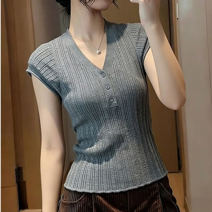 V-Neck Henley Knit Short Sleeve Top