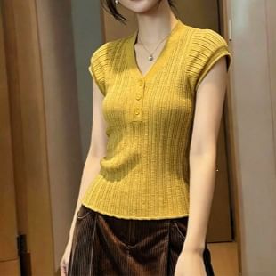 V-Neck Henley Knit Short Sleeve Top