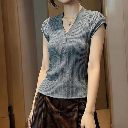 V-Neck Henley Knit Short Sleeve Top