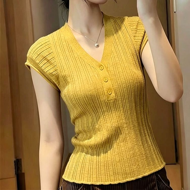 V-Neck Henley Knit Short Sleeve Top