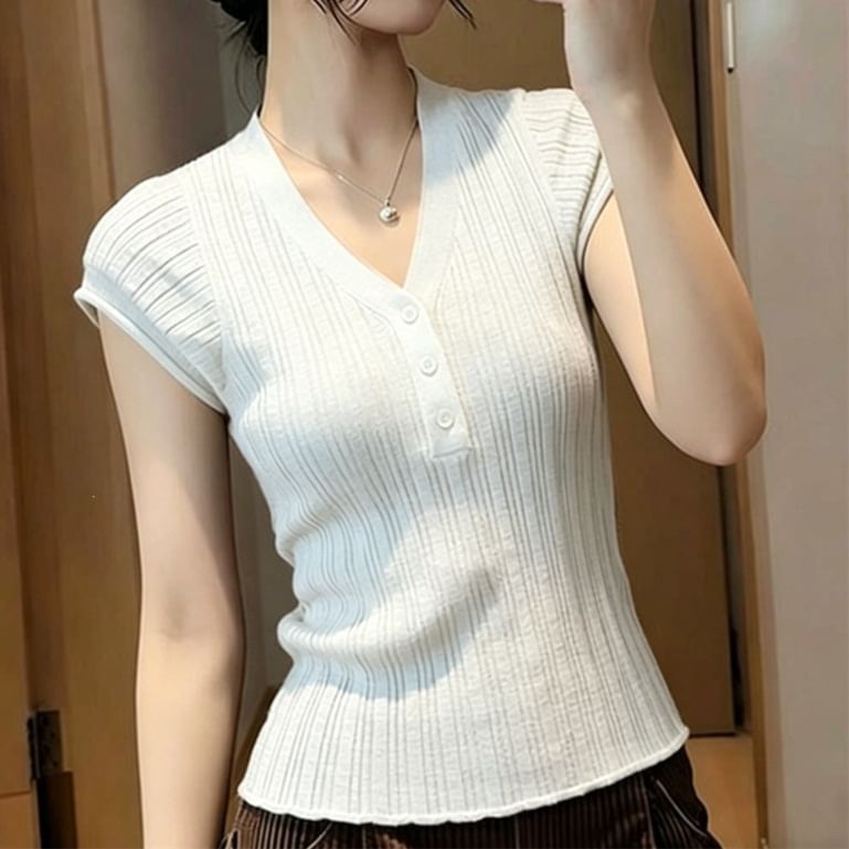V-Neck Henley Knit Short Sleeve Top