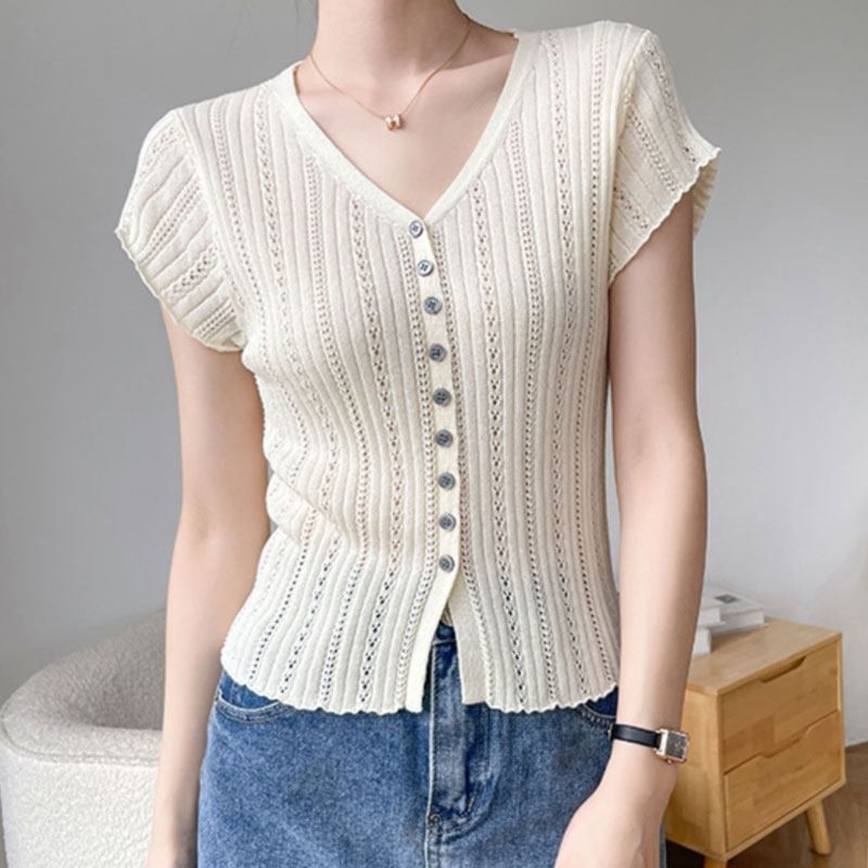 Eyelet Button-Up Cap Sleeve Top