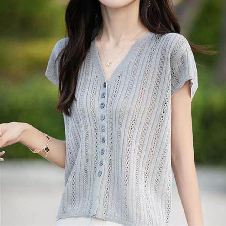 Eyelet Button-Up Cap Sleeve Top