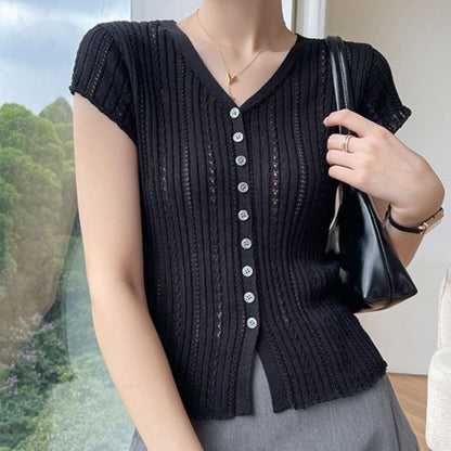 Eyelet Button-Up Cap Sleeve Top