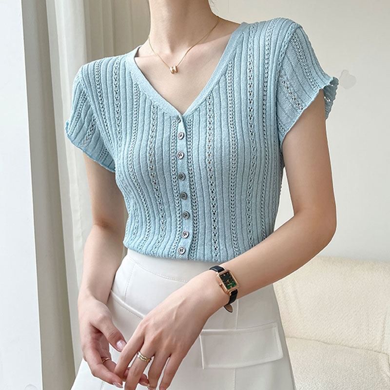 Eyelet Button-Up Cap Sleeve Top