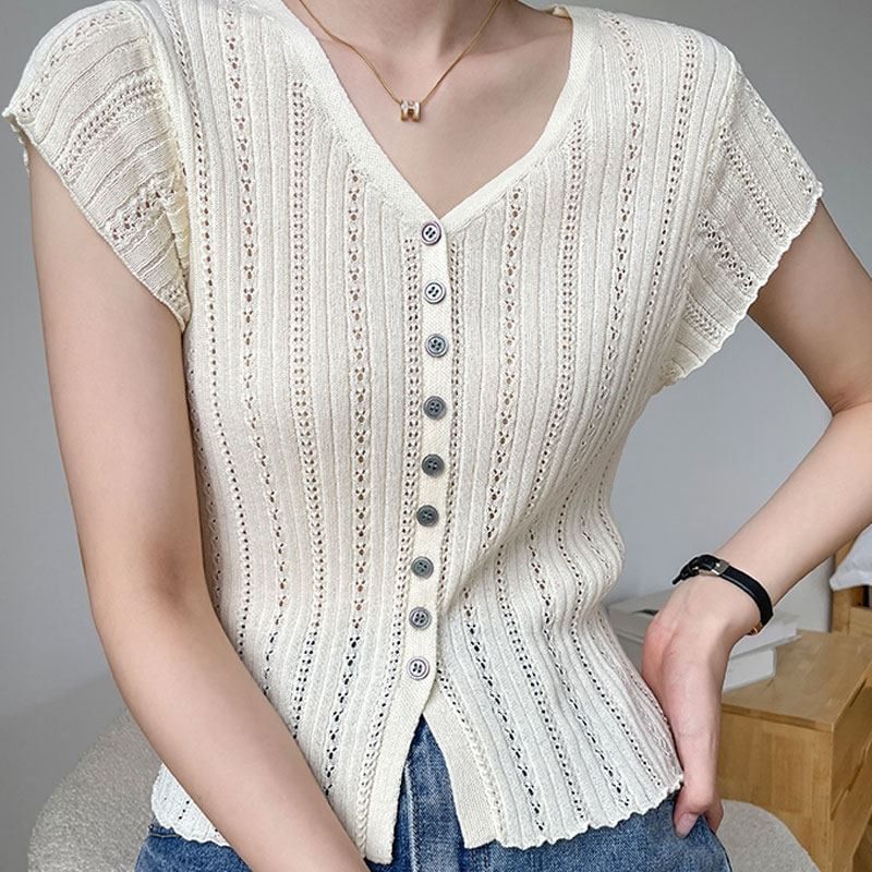 Eyelet Button-Up Cap Sleeve Top