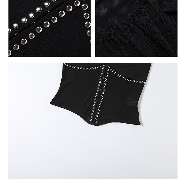 Cutout Crop Top and Faux Leather Mini Skirt Set