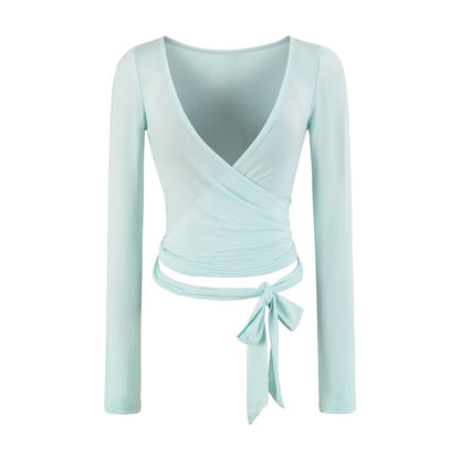 Long-Sleeve V-Neck Plain Wrap Crop Top
