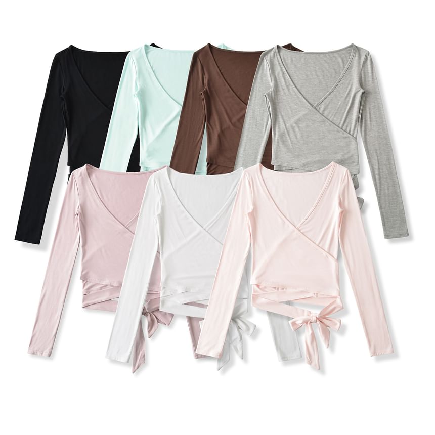 Long-Sleeve V-Neck Plain Wrap Crop Top