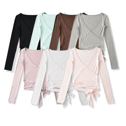 Long-Sleeve V-Neck Plain Wrap Crop Top